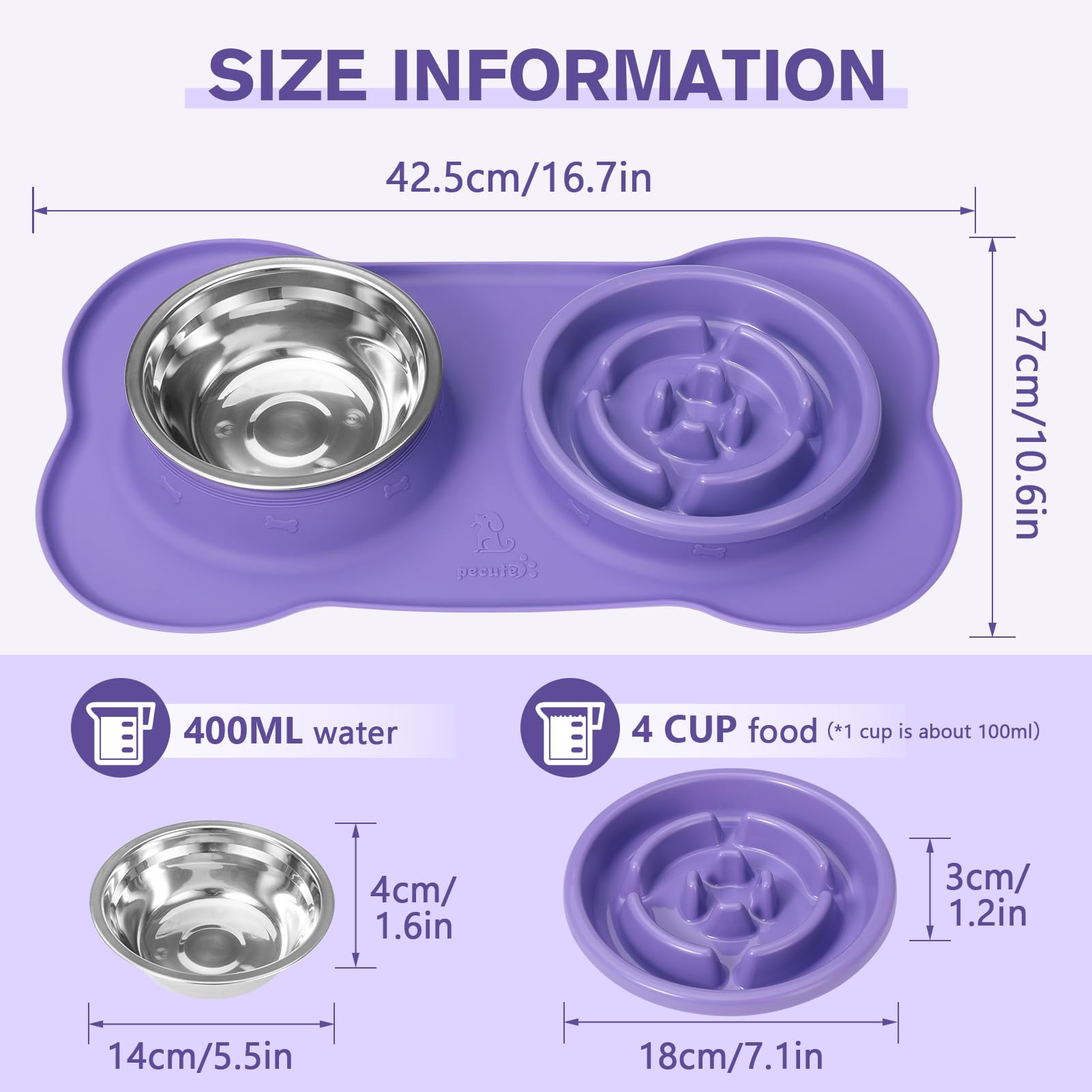 Pecute 3 in 1 Slow Eating Dog Bowls with Non Slip Mat