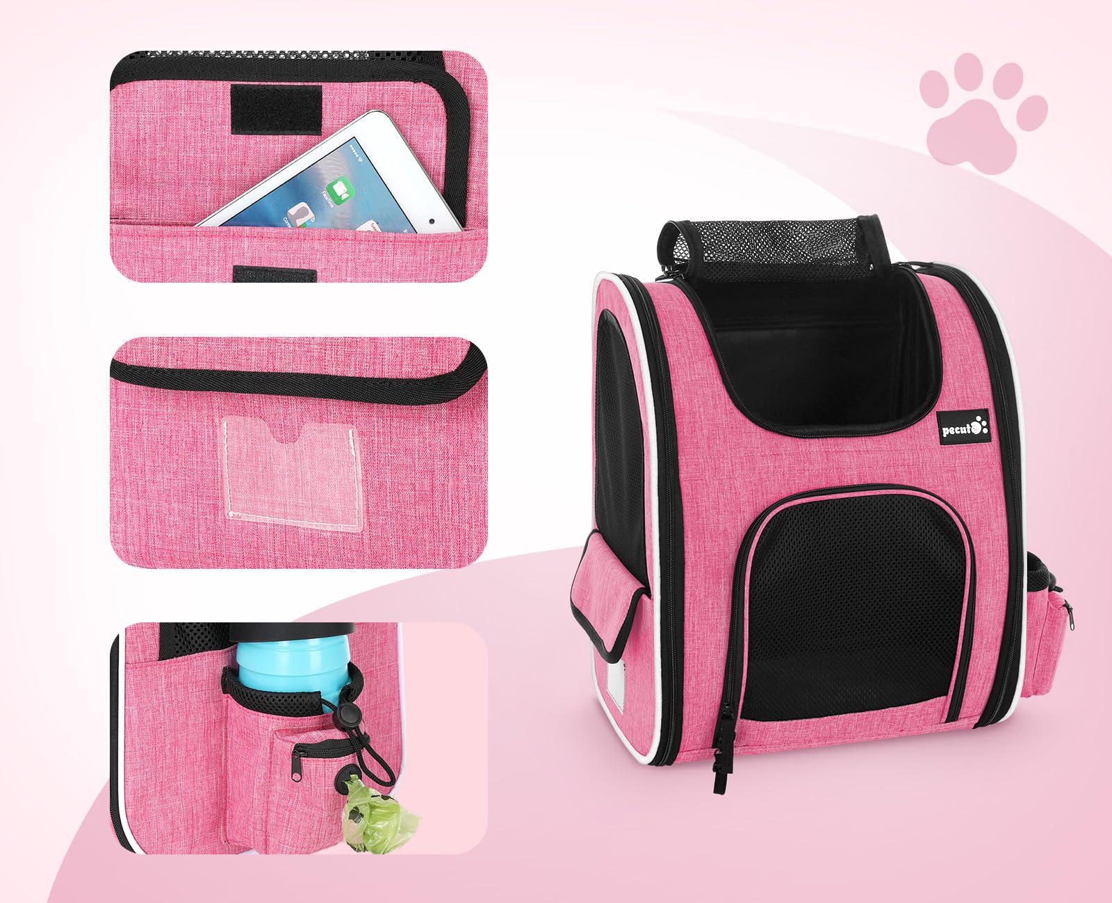 Pecute Sac à dos pour chien et chat, sac à dos portable et respirant (rose)