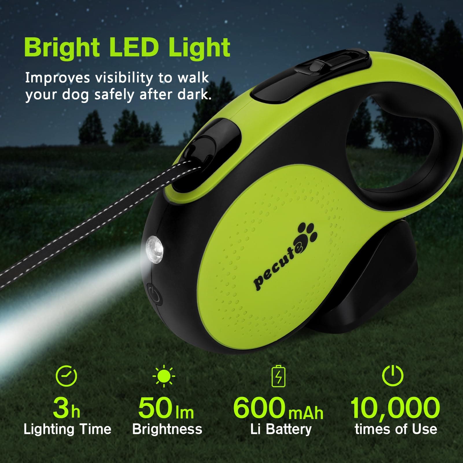 Pecute Retractable Dog Leash with Rechargeable LED Light.