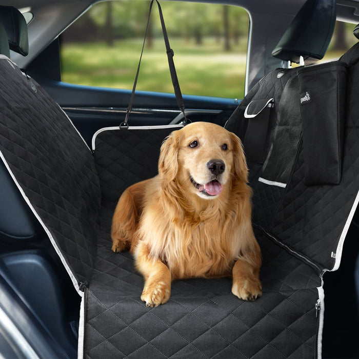 Pecute Variable rear dog seat cover with a garbage bag.