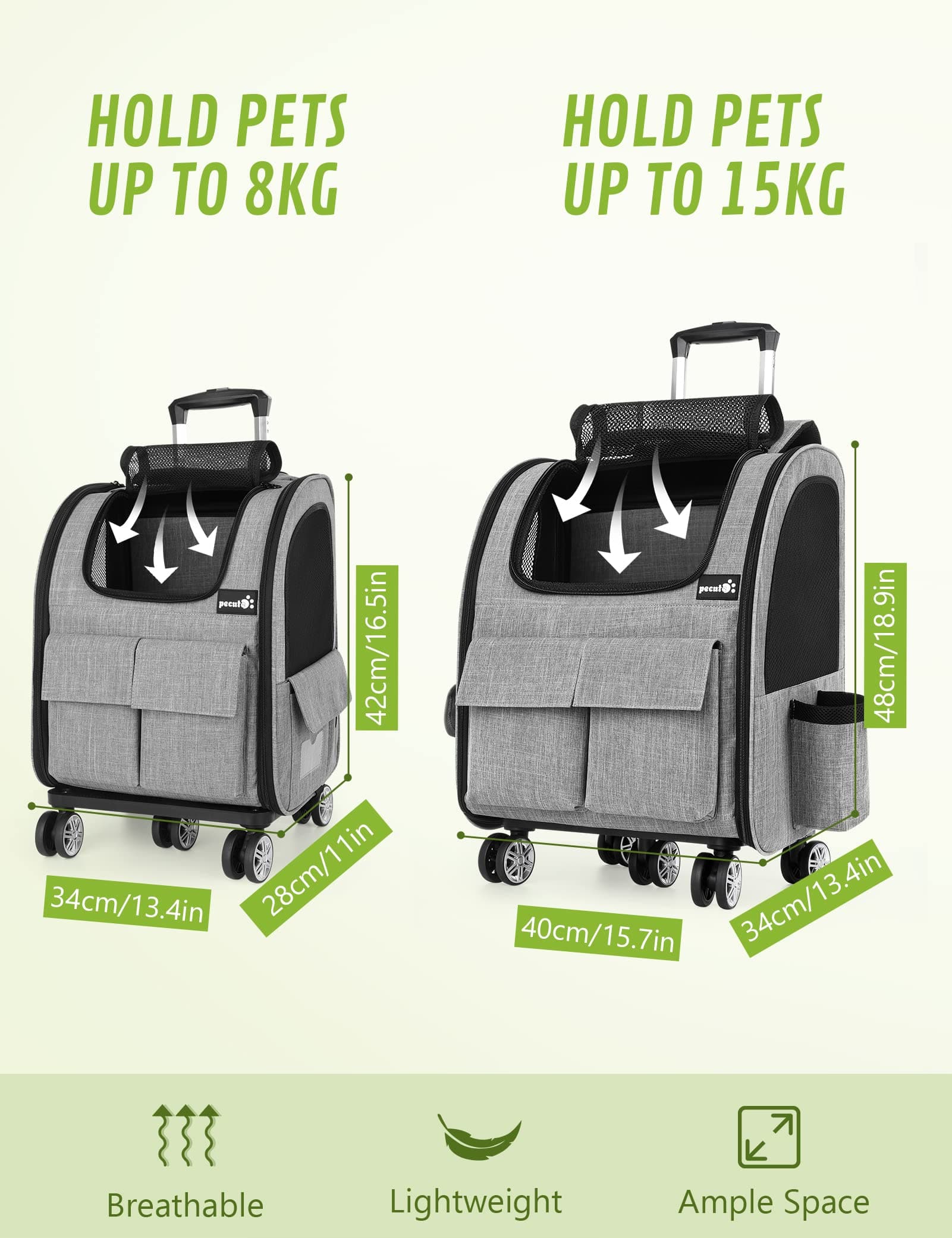 Pecute L Size Pet Trolley Backpack Travel Carrier Max Load 15kg.