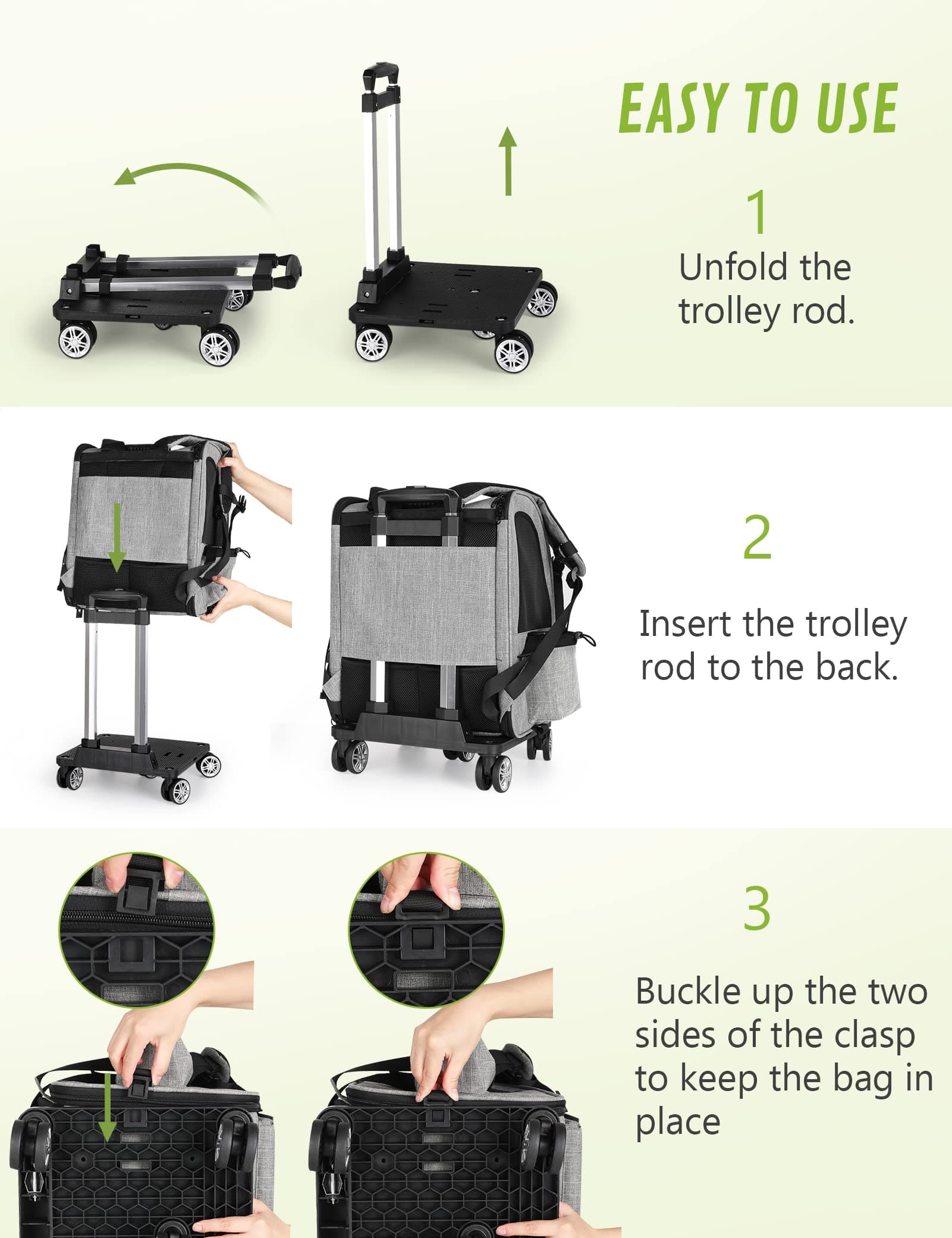 Pecute L Size Pet Trolley Backpack Travel Carrier Max Load 15kg.